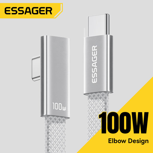 ESSAGER 100W 5A Type C to Type C 90 Degree Elbow Flat Braided Fast Charging Phone Laptop Cable