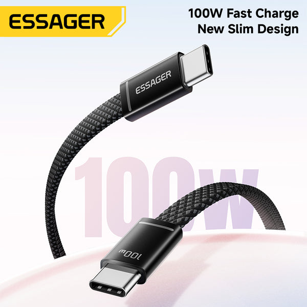 ESSAGER PD 100W 5A Type C to Type C Flat Braided Fast Charging Phone Laptop Data Cable