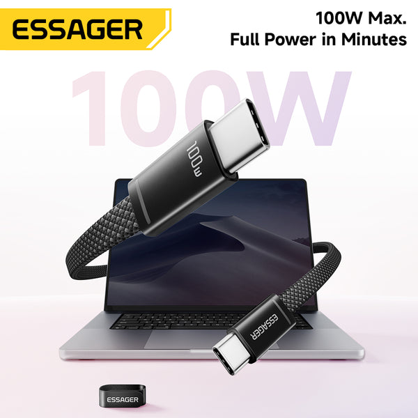 ESSAGER PD 100W 5A Type C to Type C Flat Braided Fast Charging Phone Laptop Data Cable