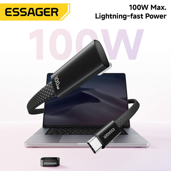 ESSAGER 100W 5A Type C to Type C 90 Degree Elbow Flat Braided Fast Charging Phone Laptop Cable