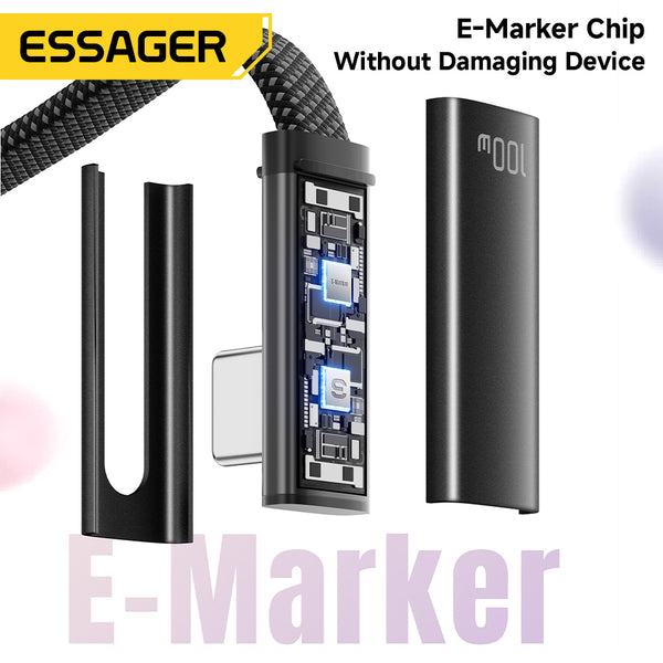 ESSAGER 100W 5A Type C to Type C 90 Degree Elbow Flat Braided Fast Charging Phone Laptop Cable
