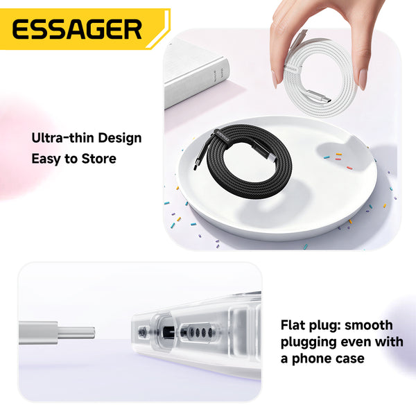 ESSAGER PD 100W 5A Type C to Type C Flat Braided Fast Charging Phone Laptop Data Cable