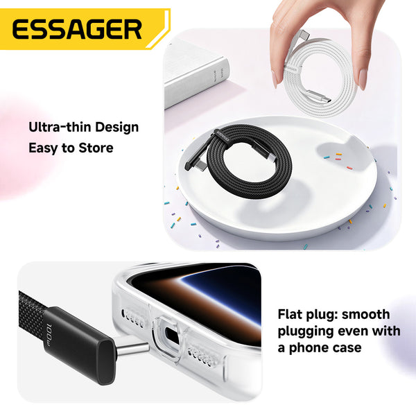 ESSAGER 100W 5A Type C to Type C 90 Degree Elbow Flat Braided Fast Charging Phone Laptop Cable