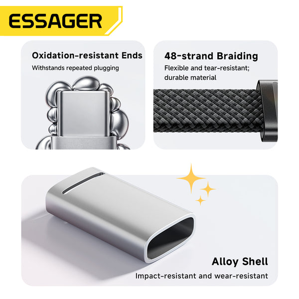 ESSAGER PD 100W 5A Type C to Type C Flat Braided Fast Charging Phone Laptop Data Cable