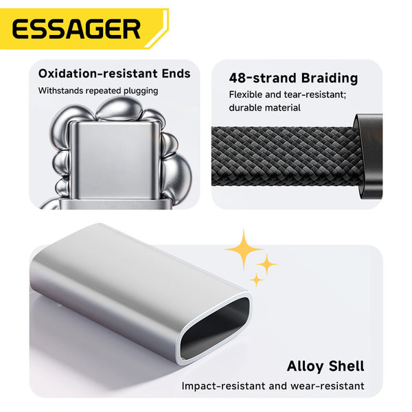 ESSAGER 100W 5A Type C to Type C 90 Degree Elbow Flat Braided Fast Charging Phone Laptop Cable