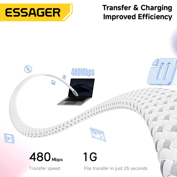 ESSAGER PD 100W 5A Type C to Type C Flat Braided Fast Charging Phone Laptop Data Cable