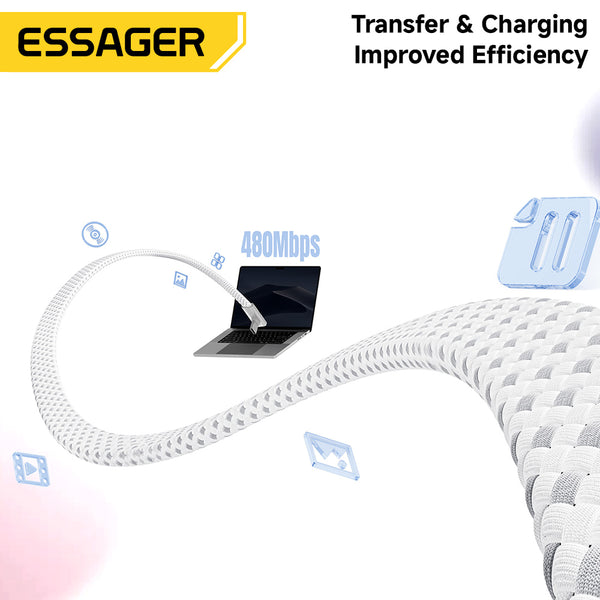 ESSAGER 100W 5A Type C to Type C 90 Degree Elbow Flat Braided Fast Charging Phone Laptop Cable