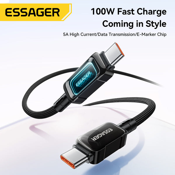 ESSAGER 100W USB C to C Fast Charging Phone Laptop Cable - With LED Power Display
