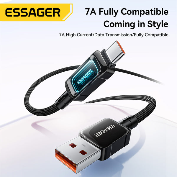 ESSAGER 100W 7A USB A to USB C Fully Compatible Phone Fast Charging Cable - With LED Display