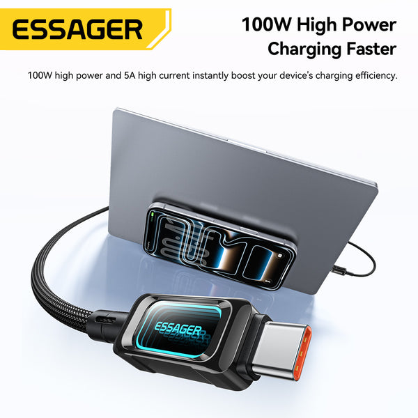 ESSAGER 100W USB C to C Fast Charging Phone Laptop Cable - With LED Power Display