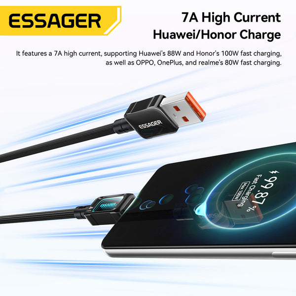 ESSAGER 100W 7A USB A to USB C Fully Compatible Phone Fast Charging Cable - With LED Display