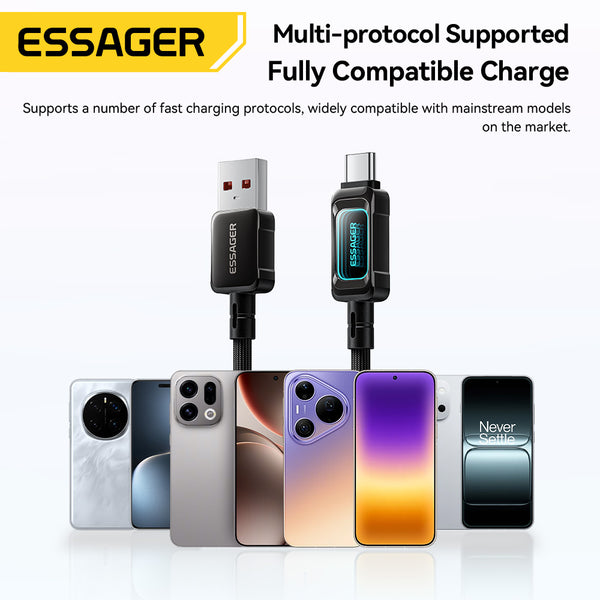 ESSAGER 100W 7A USB A to USB C Fully Compatible Phone Fast Charging Cable - With LED Display