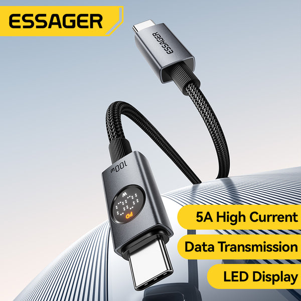 ESSAGER Usb C to C PD 100W 5A LED Digital Display Phone Laptop Fast Charging Data Cable