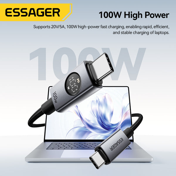 ESSAGER Usb C to C PD 100W 5A LED Digital Display Phone Laptop Fast Charging Data Cable