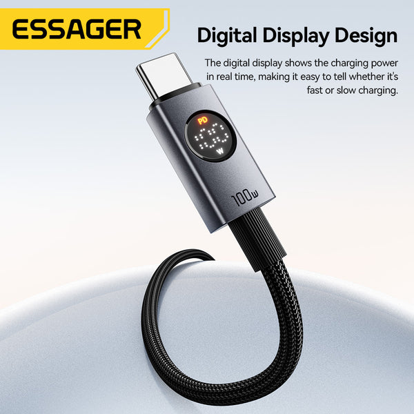 ESSAGER Usb C to C PD 100W 5A LED Digital Display Phone Laptop Fast Charging Data Cable