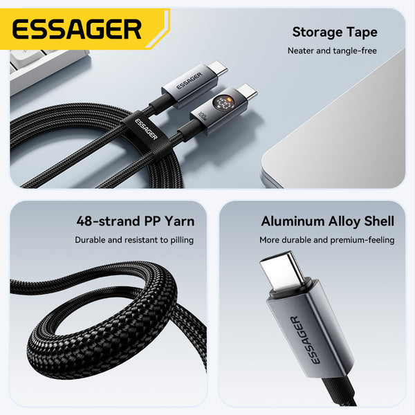 ESSAGER Usb C to C PD 100W 5A LED Digital Display Phone Laptop Fast Charging Data Cable