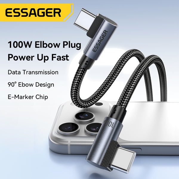 ESSAGER 100W USB C to C 90 Degree Double Elbow Fast Charging Phone Data Cable