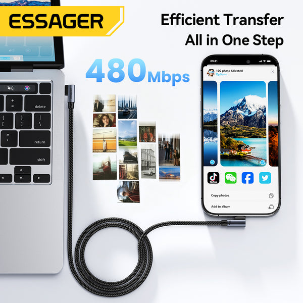 ESSAGER 100W USB C to C 90 Degree Double Elbow Fast Charging Phone Data Cable