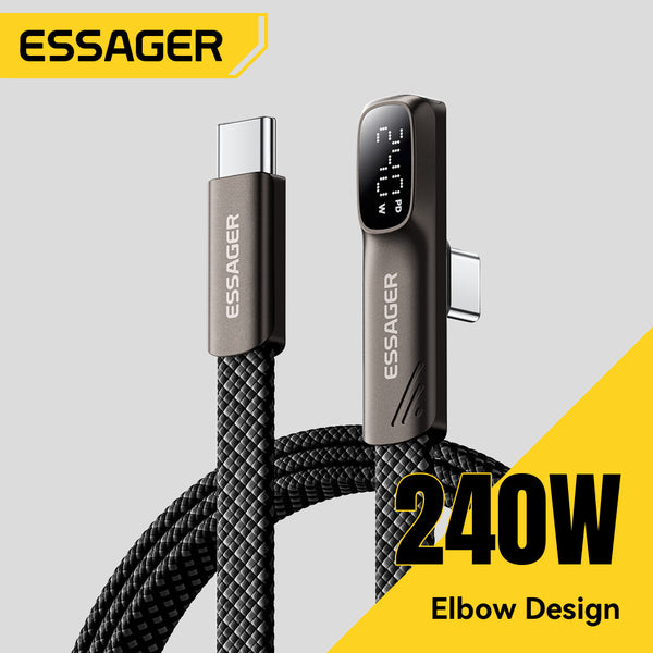 ESSAGER 90 Degree Elbow Flat USB C to USB C 240W Fast Charging Cable with Digital Display