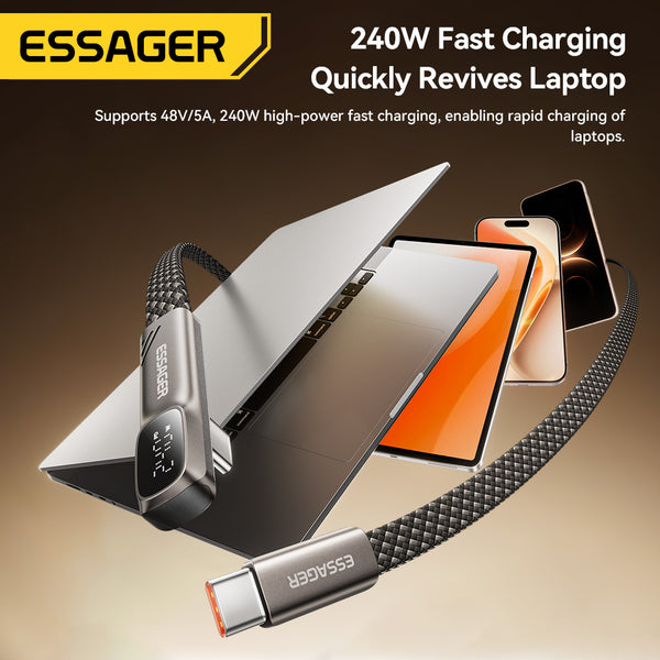 ESSAGER 90 Degree Elbow Flat USB C to USB C 240W Fast Charging Cable with Digital Display