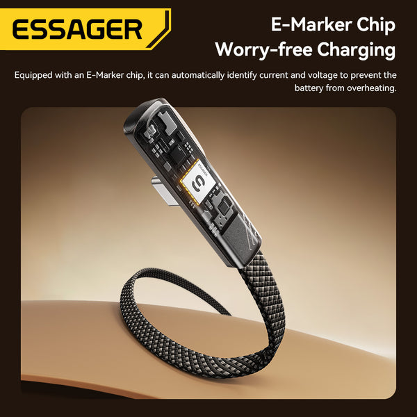 ESSAGER 90 Degree Elbow Flat USB C to USB C 240W Fast Charging Cable with Digital Display