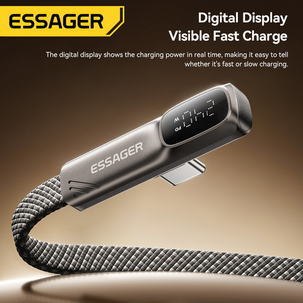 ESSAGER 90 Degree Elbow Flat USB C to USB C 240W Fast Charging Cable with Digital Display