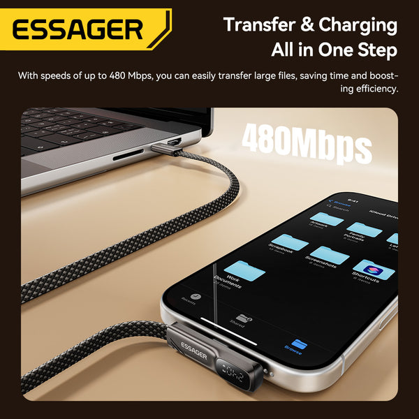 ESSAGER 90 Degree Elbow Flat USB C to USB C 240W Fast Charging Cable with Digital Display