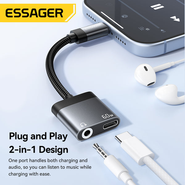ESSAGER Usb Type C to 3.5mm/Type C 2 in 1 Audio Charging Splitter Adapter Cable