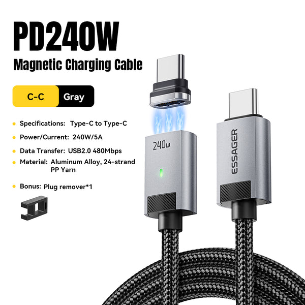 ESSAGER 240W Usb-C to Usb-C Magnetic Fast Charging Laptop Phone Cable