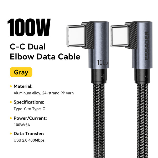 ESSAGER 100W USB C to C 90 Degree Double Elbow Fast Charging Phone Data Cable