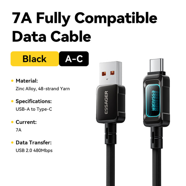 ESSAGER 100W 7A USB A to USB C Fully Compatible Phone Fast Charging Cable - With LED Display