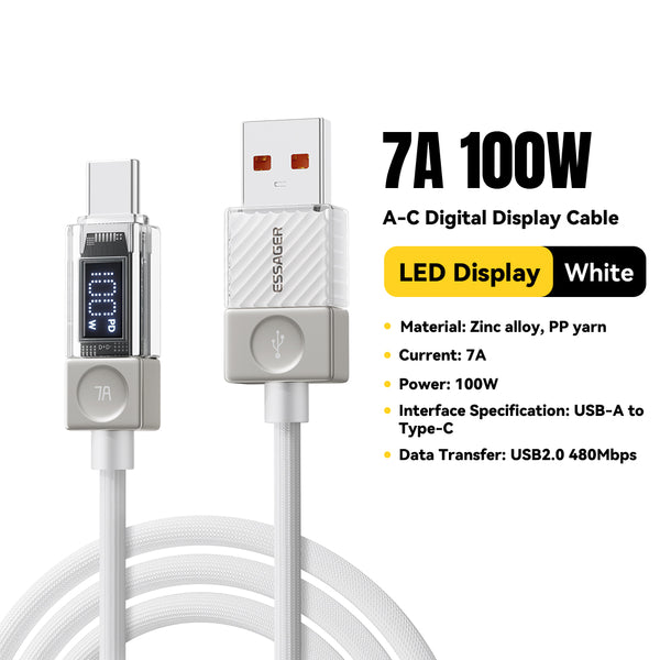 ESSAGER 240W Transparent USB-C Charging Cable – With Power Display
