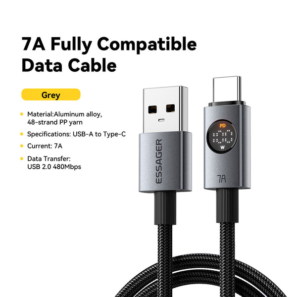 ESSAGER Usb C to C PD 100W 5A LED Digital Display Phone Laptop Fast Charging Data Cable