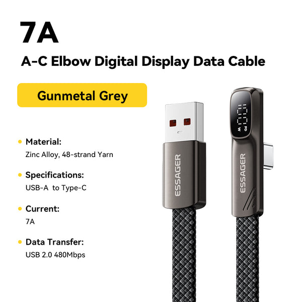 ESSAGER 90 Degree Elbow Flat USB C to USB C 240W Fast Charging Cable with Digital Display