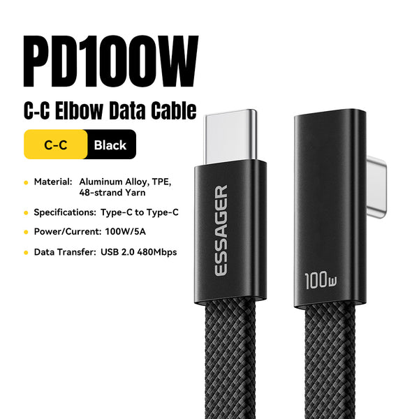 ESSAGER 100W 5A Type C to Type C 90 Degree Elbow Flat Braided Fast Charging Phone Laptop Cable