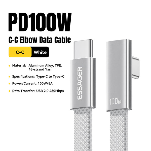 ESSAGER 100W 5A Type C to Type C 90 Degree Elbow Flat Braided Fast Charging Phone Laptop Cable