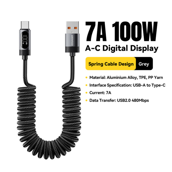 ESSAGER USB-C to USB-C 100W Spring Data Cable with Digital Display