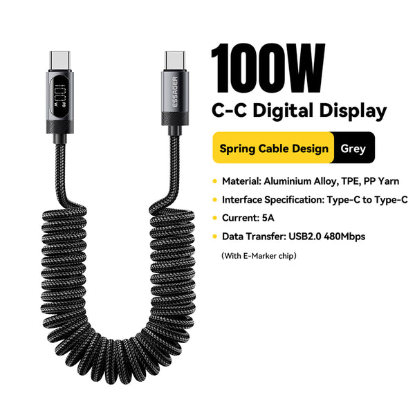 ESSAGER USB-C to USB-C 100W Spring Data Cable with Digital Display
