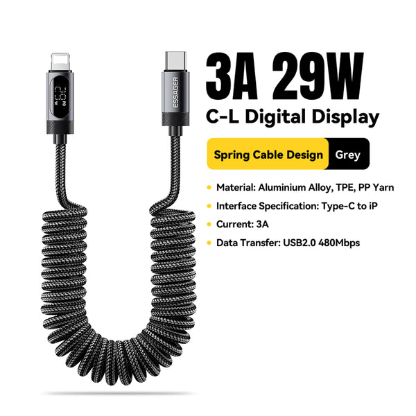 ESSAGER USB-C to USB-C 100W Spring Data Cable with Digital Display