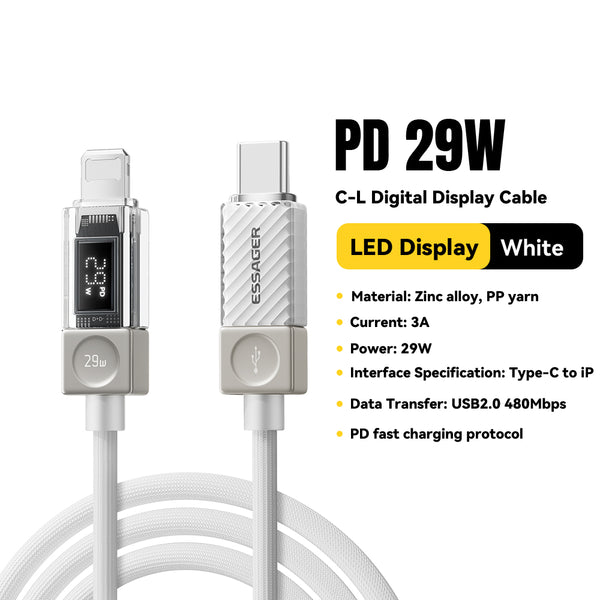 ESSAGER 240W Transparent USB-C Charging Cable – With Power Display