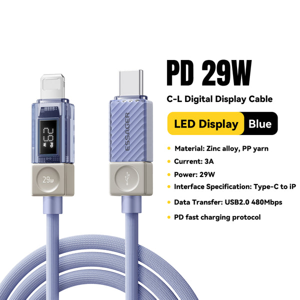 ESSAGER 240W Transparent USB-C Charging Cable – With Power Display
