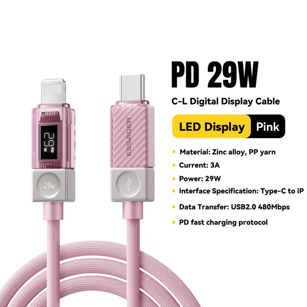 ESSAGER 240W Transparent USB-C Charging Cable – With Power Display