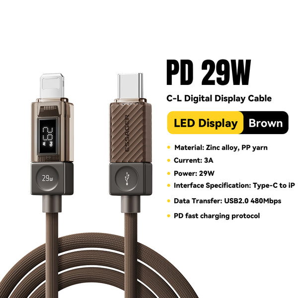 ESSAGER 240W Transparent USB-C Charging Cable – With Power Display