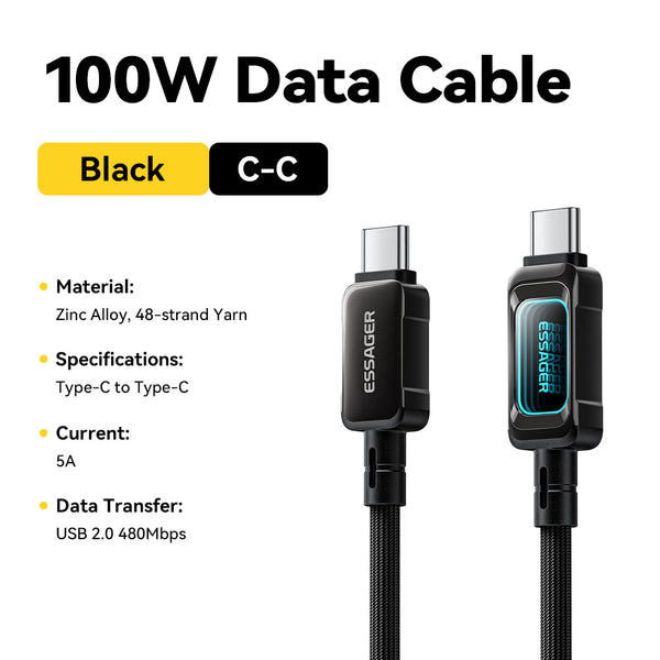 ESSAGER 100W USB C to C Fast Charging Phone Laptop Cable - With LED Power Display