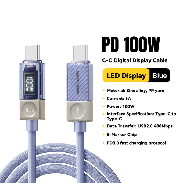 ESSAGER 240W Transparent USB-C Charging Cable – With Power Display
