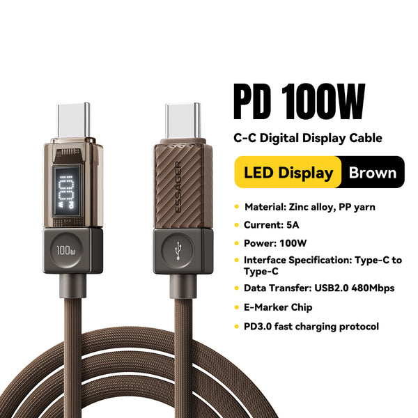 ESSAGER 240W Transparent USB-C Charging Cable – With Power Display