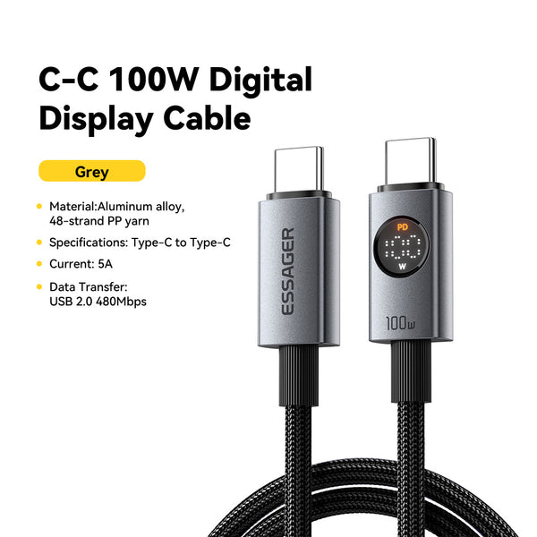 ESSAGER Usb C to C PD 100W 5A LED Digital Display Phone Laptop Fast Charging Data Cable