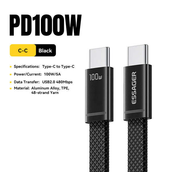 ESSAGER PD 100W 5A Type C to Type C Flat Braided Fast Charging Phone Laptop Data Cable
