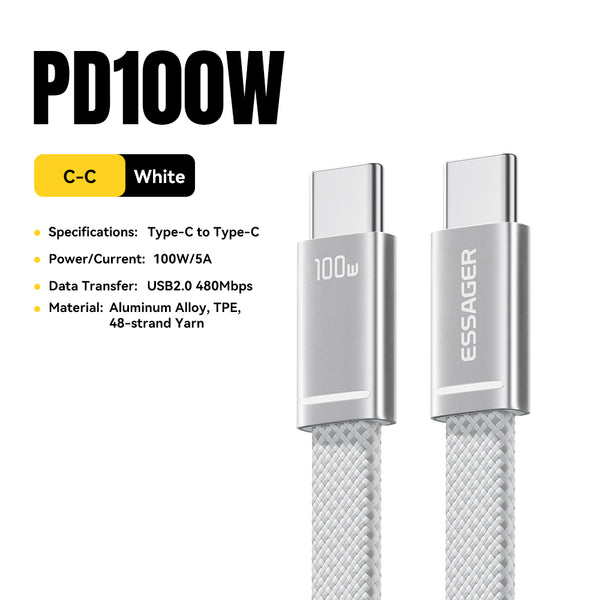 ESSAGER PD 100W 5A Type C to Type C Flat Braided Fast Charging Phone Laptop Data Cable