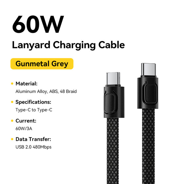 ESSAGER 30W 60W 3A USB C to C L Nylon 2 in 1 Lanyard Phone Fast Charging Data Cable